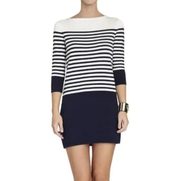 BCBGMaxAzria Ethel Striped Color Blocked Sweater White and Navy Dress, Size L - Picture 1 of 5